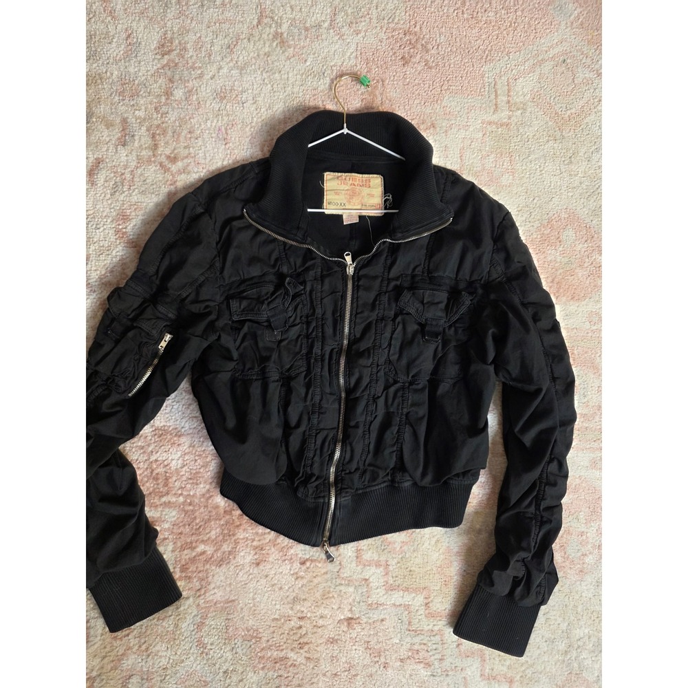 Vintage Y2K GUESS Jeans Italy Ruched Military Bomber Jacket Black M YGB12181